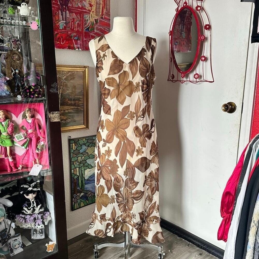 meghan matthews brown and biege floral vneck maxi dress blue